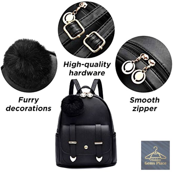 Mini PU Leather Backpack with Pompom, Adjustable Straps, 6 Pockets, Water main image 4